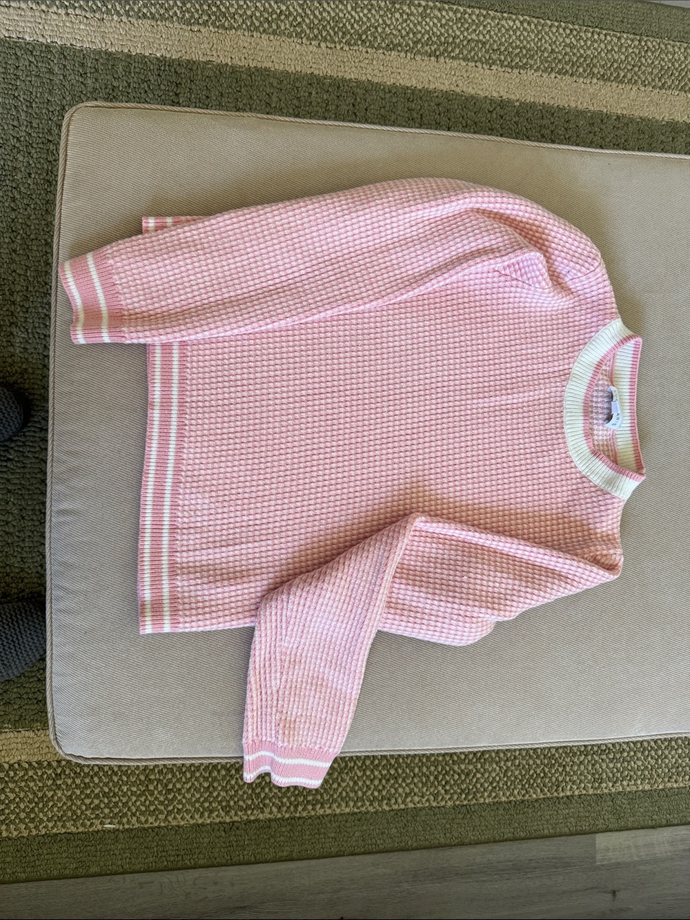 Lucy Paris Pale Pink Waffle Knit Crew Sweater with White Trim
